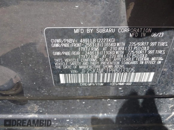 2023 Subaru Forester Wilderness with VIN JF2SKAMC1PH503305, listed as a IAAI auction lot 42054574 with Not provided miles and . Bid and sale history available at DreamBid. Image 9.