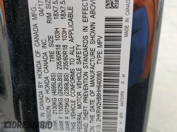 2017 Honda CR-V EX-L with VIN 2HKRW2H88HH640080, listed as a Copart auction lot 54396835 with 54,727 mi miles and Salvage Title. Bid and sale history available at carsss.com. Image 13.