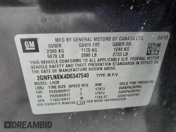 2013 Chevrolet Equinox LT with VIN 2GNFLNEK4D6347540, listed as a Copart auction lot 42527495 with Not Provided miles and Clean Title. Bid and sale history available at DreamBid. Image 13.
