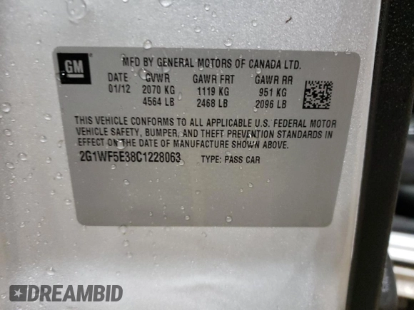 2012 Chevrolet Impala LS Fleet with VIN 2G1WF5E38C1228063, listed as a Copart auction lot 47064605 with 129,511 mi miles and Salvage Title. Bid and sale history available at DreamBid. Image 12.