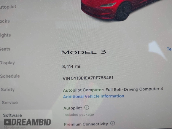 2024 Tesla Model 3 with VIN 5YJ3E1EA7RF785461, listed as a IAAI auction lot 41840091 with 8,414 mi miles. Bid and sale history available at carsss.com. Image 7.