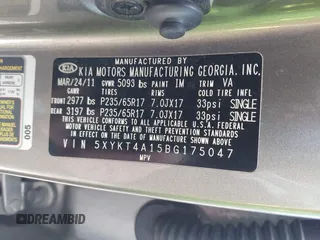 2011 Kia Sorento LX with VIN 5XYKT4A15BG175047, listed as a IAAI auction lot 42161402 with 102,509 mi miles and . Bid and sale history available at DreamBid. Image 9.