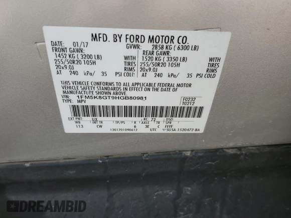2017 Ford Explorer Sport z VIN 1FM5K8GT9HGB80981, wystawiony jako Copart lot #55249725 z przebiegiem Nie podano mil oraz Szkoda całkowita • Salvage title. Historia ofert i sprzedaży dostępna na DreamBid. Obrazek 13.