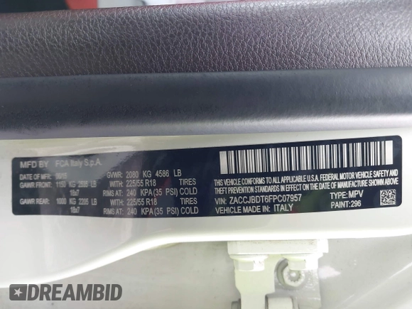 2015 Jeep Renegade Limited with VIN ZACCJBDT6FPC07957, listed as a IAAI auction lot 41727426 with Not Provided miles and . Bid and sale history available at DreamBid. Image 9.