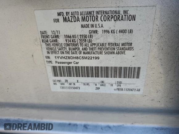 2012 Mazda 6 i Touring with VIN 1YVHZ8DH8C5M22199, listed as a Copart auction lot 41586015 with 141,535 mi miles and Salvage Title. Bid and sale history available at DreamBid. Image 14.