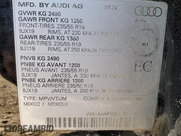 2024 Audi Q5 Komfort with VIN WA1AAAFY0R2062076, listed as a Copart auction lot 52988995 with 24,663 mi miles and Salvage Title. Bid and sale history available at carsss.com. Image 13.