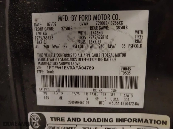 2010 Ford F-150 XL with VIN 1FTFW1EV9AFA04789, listed as a IAAI auction lot 41310534 with 158,469 mi miles. Bid and sale history available at carsss.com. Image 9.