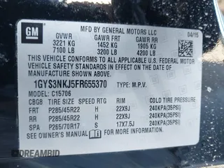 2015 Cadillac Escalade Premium z VIN 1GYS3NKJ5FR655370, wystawiony jako IAAI lot #41764570 z przebiegiem Nie podano mil oraz . Historia ofert i sprzedaży dostępna na DreamBid. Obrazek 9.