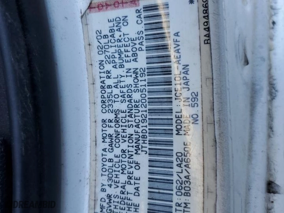 2002 Lexus IS 300 with VIN JTHBD192120051192, listed as a Copart auction lot 43512085 with 297,287 mi miles and Salvage Title. Bid and sale history available at carsss.com. Image 14.