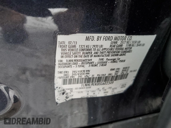 2014 Lincoln MKS with VIN 1LNHL9EK0EG602349, listed as a Copart auction lot 45211525 with 51,616 mi miles and Salvage Title. Bid and sale history available at DreamBid. Image 12.