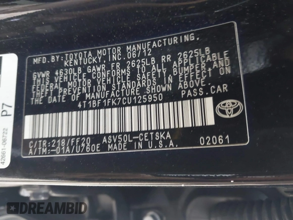 2012 Toyota Camry L with VIN 4T1BF1FK7CU125950, listed as a IAAI auction lot 41657023 with 202,057 mi miles. Bid and sale history available at carsss.com. Image 9.
