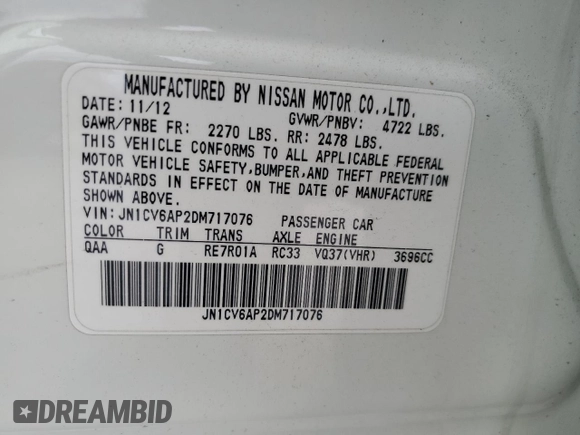 2013 Infiniti G37 Journey with VIN JN1CV6AP2DM717076, listed as a Copart auction lot 56371665 with 96,045 mi miles and Salvage title. Bid and sale history available at DreamBid. Image 12.