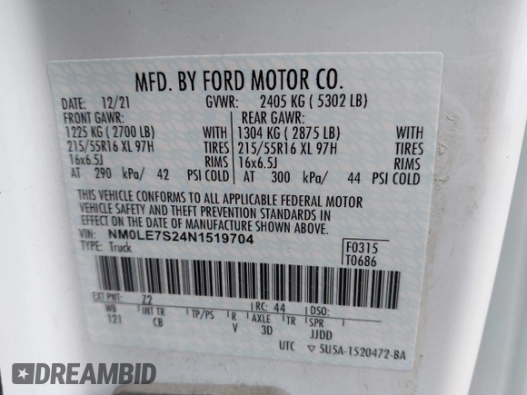 2022 Ford Transit Connect XL with VIN NM0LE7S24N1519704, listed as a IAAI auction lot 42384695 with 113,811 mi miles and . Bid and sale history available at DreamBid. Image 9.