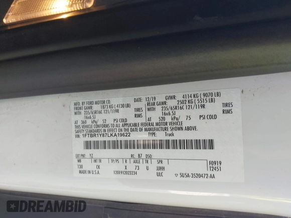 2020 Ford Transit Cargo with VIN 1FTBR1Y87LKA19622, listed as a IAAI auction lot 42479925 with 98,474 mi miles and . Bid and sale history available at DreamBid. Image 9.