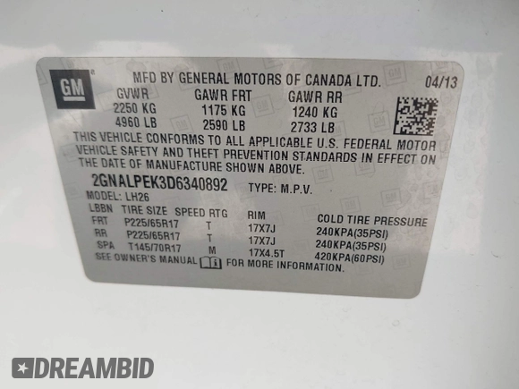 2013 Chevrolet Equinox LT with VIN 2GNALPEK3D6340892, listed as a IAAI auction lot 42182189 with 124,762 mi miles and . Bid and sale history available at DreamBid. Image 9.