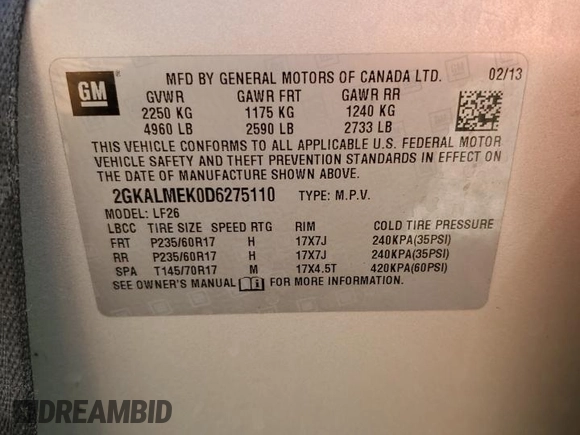 2013 GMC Terrain SLE with VIN 2GKALMEK0D6275110, listed as a Copart auction lot 52996495 with 143,049 mi miles and Salvage Title. Bid and sale history available at carsss.com. Image 16.