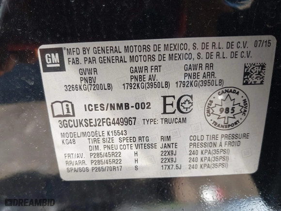2015 Chevrolet Silverado 1500 LTZ with VIN 3GCUKSEJ2FG449967, listed as a IAAI auction lot 41834854 with 1 mi miles. Bid and sale history available at carsss.com. Image 9.