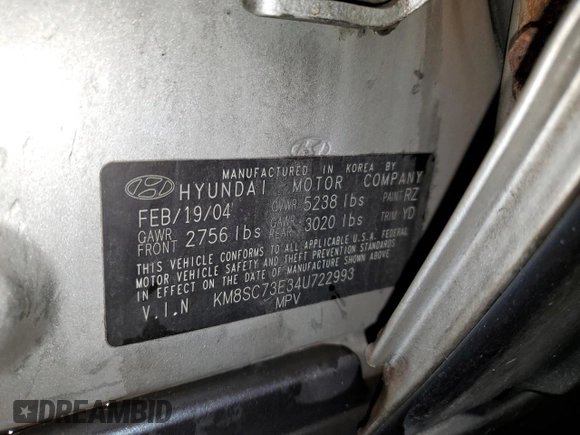 2004 Hyundai Santa Fe GLS with VIN KM8SC73E34U722993, listed as a Copart auction lot 84396464 with 163,076 mi miles and Salvage Title. Bid and sale history available at carsss.com. Image 14.