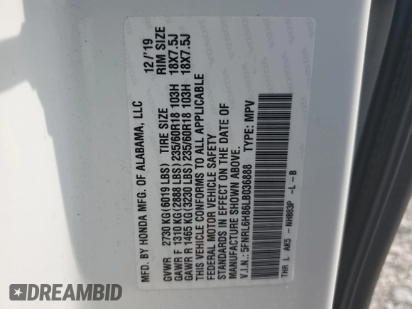 2020 Honda Odyssey Touring z VIN 5FNRL6H86LB036888, wystawiony jako Copart lot #58781675 z przebiegiem 130 329 mil mil oraz Szkoda całkowita • Salvage title. Historia ofert i sprzedaży dostępna na DreamBid. Obrazek 14.