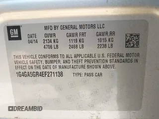 2014 Buick LaCrosse with VIN 1G4GA5GR4EF271138, listed as a IAAI auction lot 42431029 with 153,952 mi miles and . Bid and sale history available at DreamBid. Image 9.