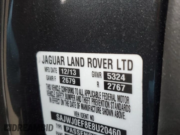 2014 Jaguar XF V6 SC with VIN SAJWJ0EF8E8U20460, listed as a Copart auction lot 43405755 with 83,834 mi miles and Salvage Title. Bid and sale history available at carsss.com. Image 12.
