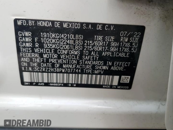 2023 Honda HR-V LX with VIN 3CZRZ2H38PM707744, listed as a Copart auction lot 60625805 with 82,874 mi miles and Salvage title. Bid and sale history available at DreamBid. Image 13.