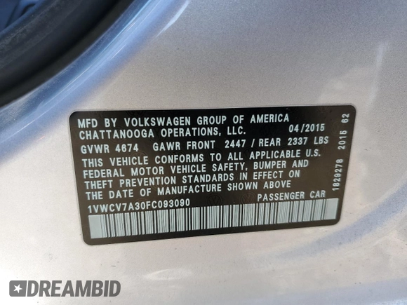 2015 Volkswagen Passat SEL Premium z VIN 1VWCV7A30FC093090, wystawiony jako Copart lot #88577655 z przebiegiem 63 000 mil mil oraz Szkoda całkowita • Salvage title. Historia ofert i sprzedaży dostępna na DreamBid. Obrazek 14.