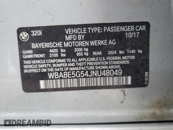 2018 BMW 3 Series 320i xDrive with VIN WBA8E5G54JNU48049, listed as a Copart auction lot 42761115 with 79,197 mi miles and Salvage Title. Bid and sale history available at carsss.com. Image 12.