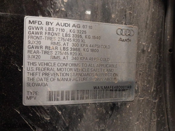 2011 Audi Q7 3.0L TDI Premium Plus with VIN WA1LMAFE4BD001149, listed as a IAAI auction lot 42035843 with 140,911 mi miles. Bid and sale history available at carsss.com. Image 9.
