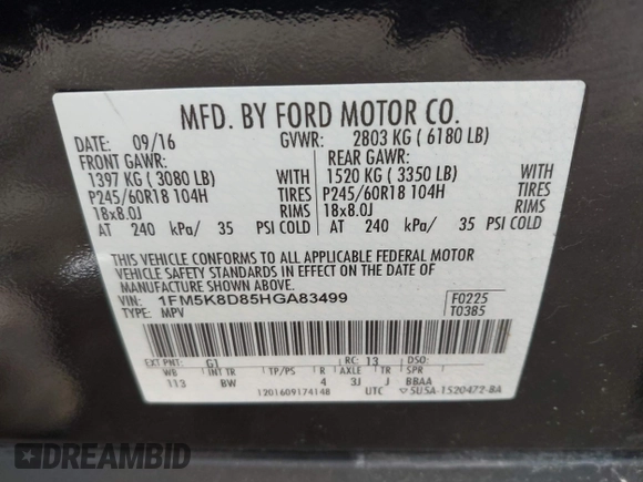 2017 Ford Explorer XLT z VIN 1FM5K8D85HGA83499, wystawiony jako IAAI lot #42059299 z przebiegiem 76 484 mil mil oraz . Historia ofert i sprzedaży dostępna na DreamBid. Obrazek 9.