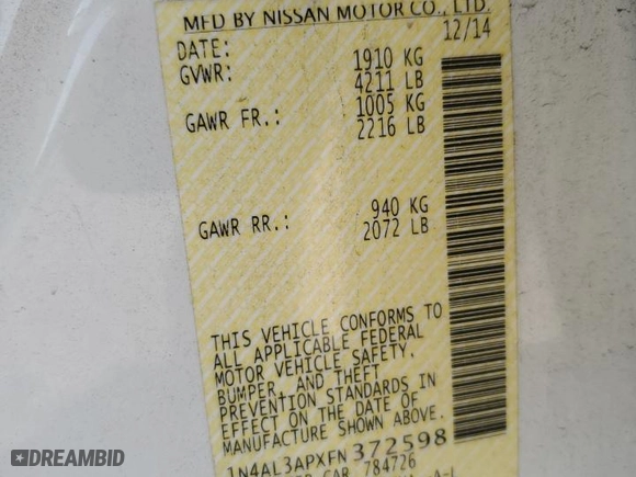 2015 Nissan Altima 2.5 S with VIN 1N4AL3APXFN372598, listed as a Copart auction lot 52704575 with 155,269 mi miles and Salvage Title. Bid and sale history available at carsss.com. Image 12.