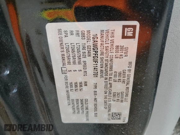 2015 Chevrolet Express Passenger LS with VIN 1GAWGPFG0F1141701, listed as a Copart auction lot 62818685 with 63,219 mi miles and Salvage title. Bid and sale history available at DreamBid. Image 13.