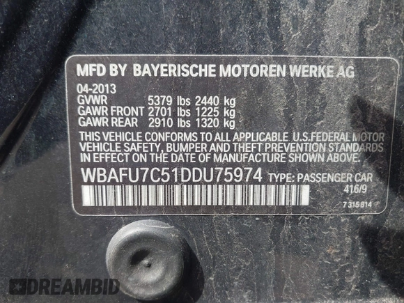2013 BMW 5 Series 535i xDrive with VIN WBAFU7C51DDU75974, listed as a IAAI auction lot 41837789 with 216,394 mi miles and . Bid and sale history available at carsss.com. Image 9.