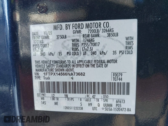 2006 Ford F-150 XLT with VIN 1FTPX14566NA73682, listed as a IAAI auction lot 41395123 with 187,033 mi miles. Bid and sale history available at carsss.com. Image 9.