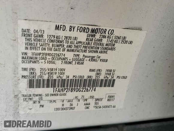 2013 Ford Taurus Limited с VIN 1FAHP2F89DG226774, выставлен на аукционе Copart как лот 57250415 с пробегом 233 149 миль миль и Списание • Salvage title. История ставок и продаж доступна на DreamBid. Изображение 12.