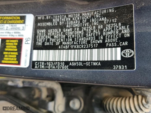 2012 Toyota Camry L with VIN 4T4BF1FK8CR237517, listed as a Copart auction lot 47323025 with 195,484 mi miles and Salvage Title. Bid and sale history available at carsss.com. Image 14.