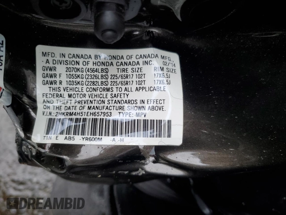 2014 Honda CR-V EX z VIN 2HKRM4H51EH657953, wystawiony jako Copart lot #56868135 z przebiegiem Nie podano mil oraz Szkoda całkowita • Salvage title. Historia ofert i sprzedaży dostępna na DreamBid. Obrazek 13.