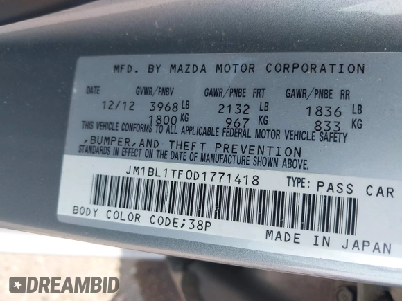 2013 Mazda 3 i SV with VIN JM1BL1TF0D1771418, listed as a IAAI auction lot 41920175 with 102,678 mi miles and . Bid and sale history available at DreamBid. Image 9.