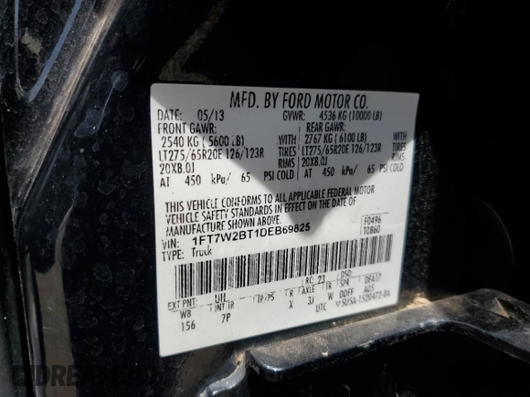 2013 Ford F-250 XL with VIN 1FT7W2BT1DEB69825, listed as a Copart auction lot 60262245 with 132,596 mi miles and Salvage title. Bid and sale history available at DreamBid. Image 12.