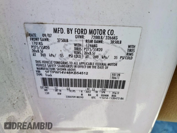 2008 Ford F-150 XLT с VIN 1FTPW14V48KB54512, выставлен на аукционе Copart как лот 54163695 с пробегом 204 914 миль миль и Списание • Salvage title. История ставок и продаж доступна на DreamBid. Изображение 13.
