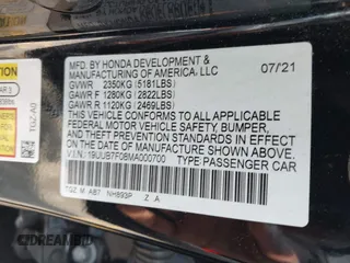 2021 Acura TLX Type S with VIN 19UUB7F08MA000700, listed as a IAAI auction lot 41964358 with Not Provided miles. Bid and sale history available at carsss.com. Image 9.
