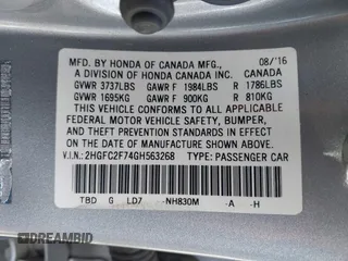 2016 Honda Civic Sedan EX with VIN 2HGFC2F74GH563268, listed as a IAAI auction lot 41805038 with 125,577 mi miles. Bid and sale history available at carsss.com. Image 9.
