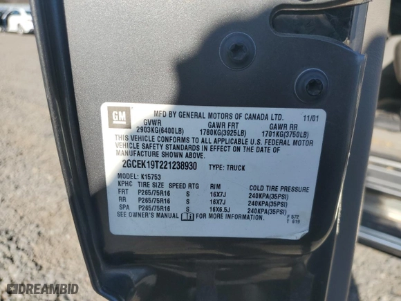 2002 Chevrolet Silverado 1500 LS with VIN 2GCEK19T221238930, listed as a Copart auction lot 48571875 with 181,809 mi miles and Salvage Title. Bid and sale history available at carsss.com. Image 12.