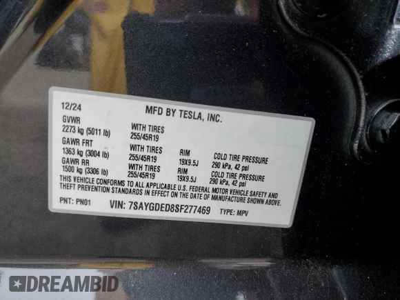 2025 Tesla Model Y Long Range with VIN 7SAYGDED8SF277469, listed as a Copart auction lot 45600195 with 442 mi miles and Salvage Title. Bid and sale history available at DreamBid. Image 12.