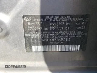 2013 Hyundai Elantra GLS z VIN 5NPDH4AE5DH352415, wystawiony jako Copart lot #59720075 z przebiegiem Nie podano mil oraz Szkoda całkowita • Salvage title. Historia ofert i sprzedaży dostępna na DreamBid. Obrazek 12.