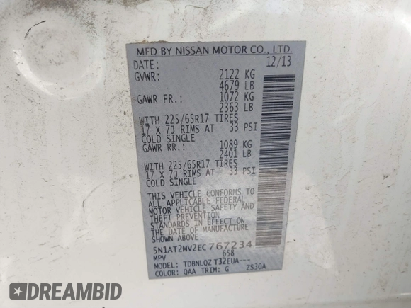 2014 Nissan Rogue SV with VIN 5N1AT2MV2EC767234, listed as a IAAI auction lot 41643753 with 182,355 mi miles. Bid and sale history available at carsss.com. Image 9.