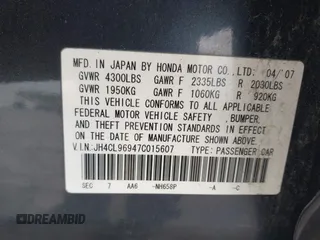 2007 Acura TSX Navi with VIN JH4CL96947C015607, listed as a IAAI auction lot 42296602 with 256,681 mi miles and . Bid and sale history available at DreamBid. Image 9.