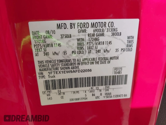 2010 Ford F-150 XL z VIN 1FTEX1EW9AFD22056, wystawiony jako IAAI lot #42209060 z przebiegiem 142 258 mil mil oraz . Historia ofert i sprzedaży dostępna na DreamBid. Obrazek 9.
