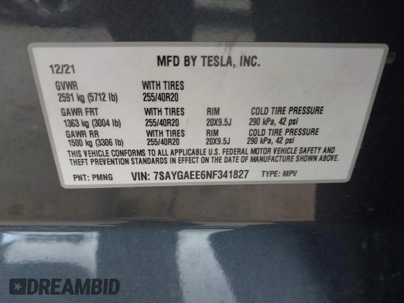 2022 Tesla Model Y Long Range with VIN 7SAYGAEE6NF341827, listed as a IAAI auction lot 41946388 with Not Provided miles and . Bid and sale history available at DreamBid. Image 9.