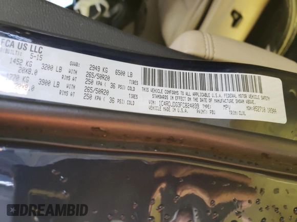 2015 Dodge Durango Limited with VIN 1C4RDJDG3FC824039, listed as a Copart auction lot 48512655 with 159,256 mi miles and Clean title. Bid and sale history available at DreamBid. Image 13.